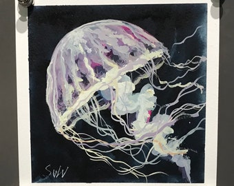 Jellyfish original painting,Fish Painting ,Kitchen original art 6 x 6’’