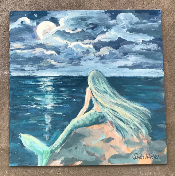 絵画　人魚　海 人魚の絵画 人魚と満月 オリジナル絵画 10 x 10 インチ - Etsy 日本