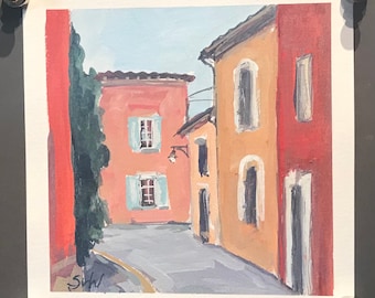 Town in Provence,South of France  ,Provence Original Gouache  painting 6 x 6’’