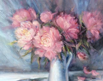 Pfingstrosen Pfingstrosen Blumen Original Kunst Malerei 16 x 20"