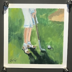 Golf painting, Retro golf donna originale gouache painting,6 x 6 ''