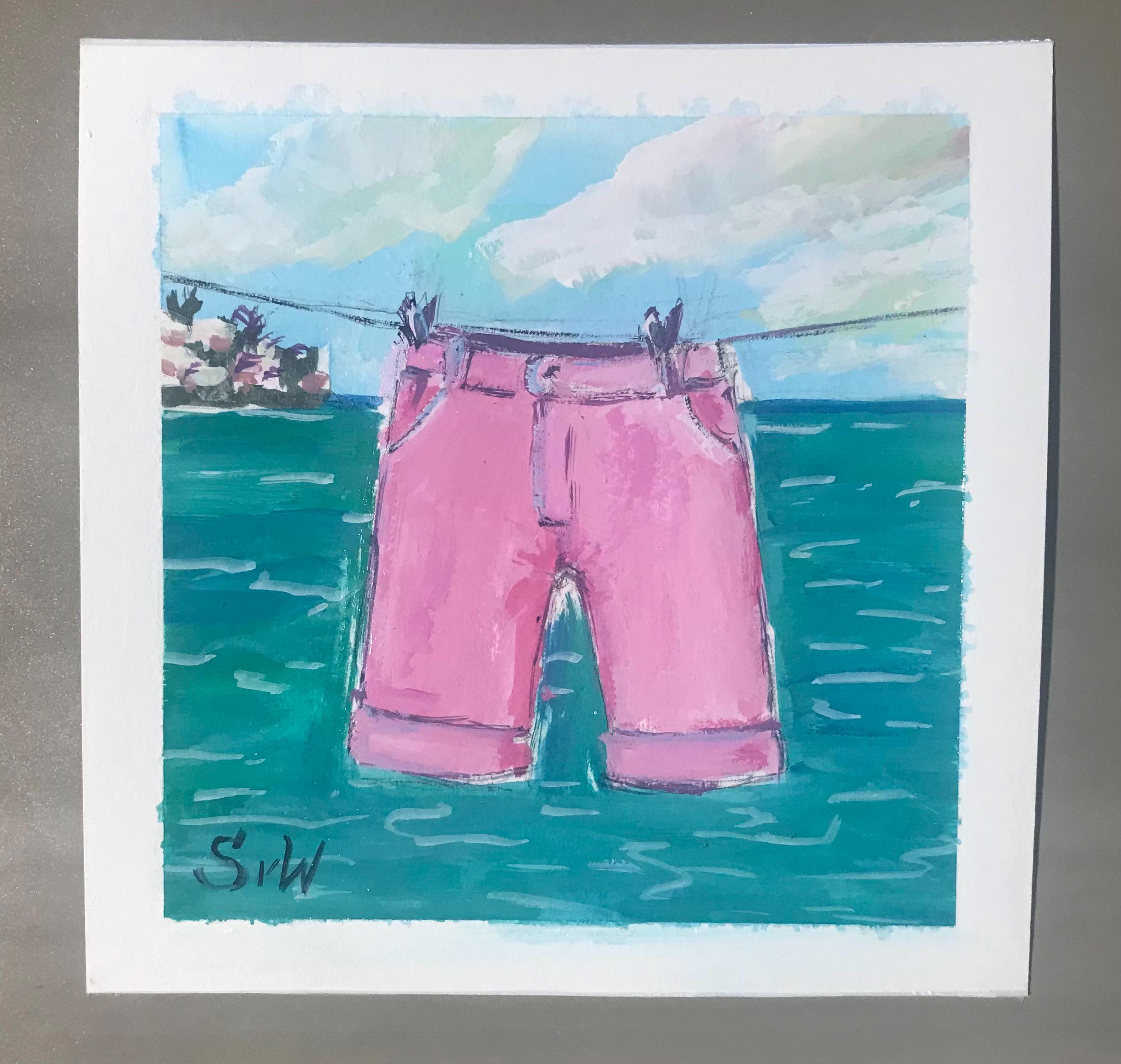 Bermuda shorts painting ,original Gouache painting 6 x 6’’