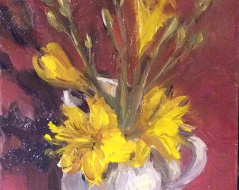 Yellow lilies  painting ,flowers still life, original floral,oil painting ,7 x 5"