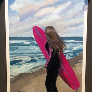 Pintura de niña surfista, pintura de surf, Gouache original 8 x 6 &#39;&#39;