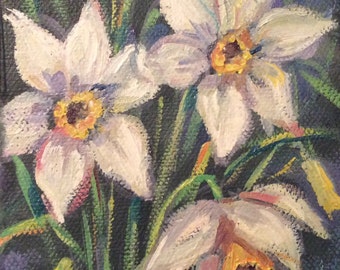 Pintura original de naturaleza muerta de flores narcisos florales 6 x 4"