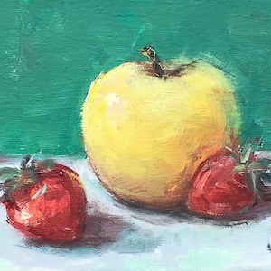Apple and strawberries oil painting ,food  painting original kitchen art 5 x 7’’