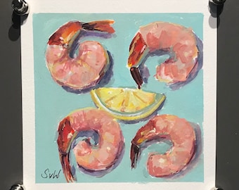 Shrimp original painting,Food Painting ,Kitchen original art 6 x 6’’