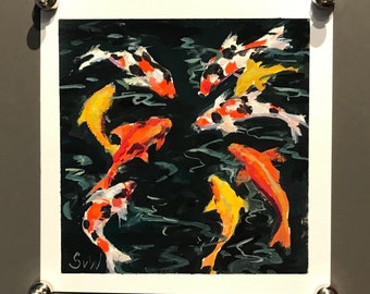 Koi fish original painting ,original fish  gouache painting ,6 x 6’’