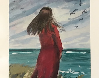 Woman painting,  woman and sea ,ocean original Gouache 8 x 6’’