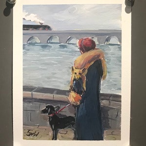 Dipinto retrò, donna e cane che camminano, dipinto originale, dipinto di cane e donna dipinto a guazzo originale 6 x 8''Idea regalo