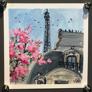 Paris Spring Painting,Paris window,Eiffel Tower  Painting ,Original Gouache  painting ,6 x 6”