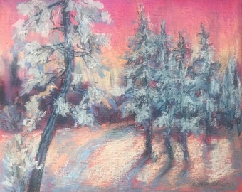 Winter forest  painting,winter country Original painting 8 x 10’’