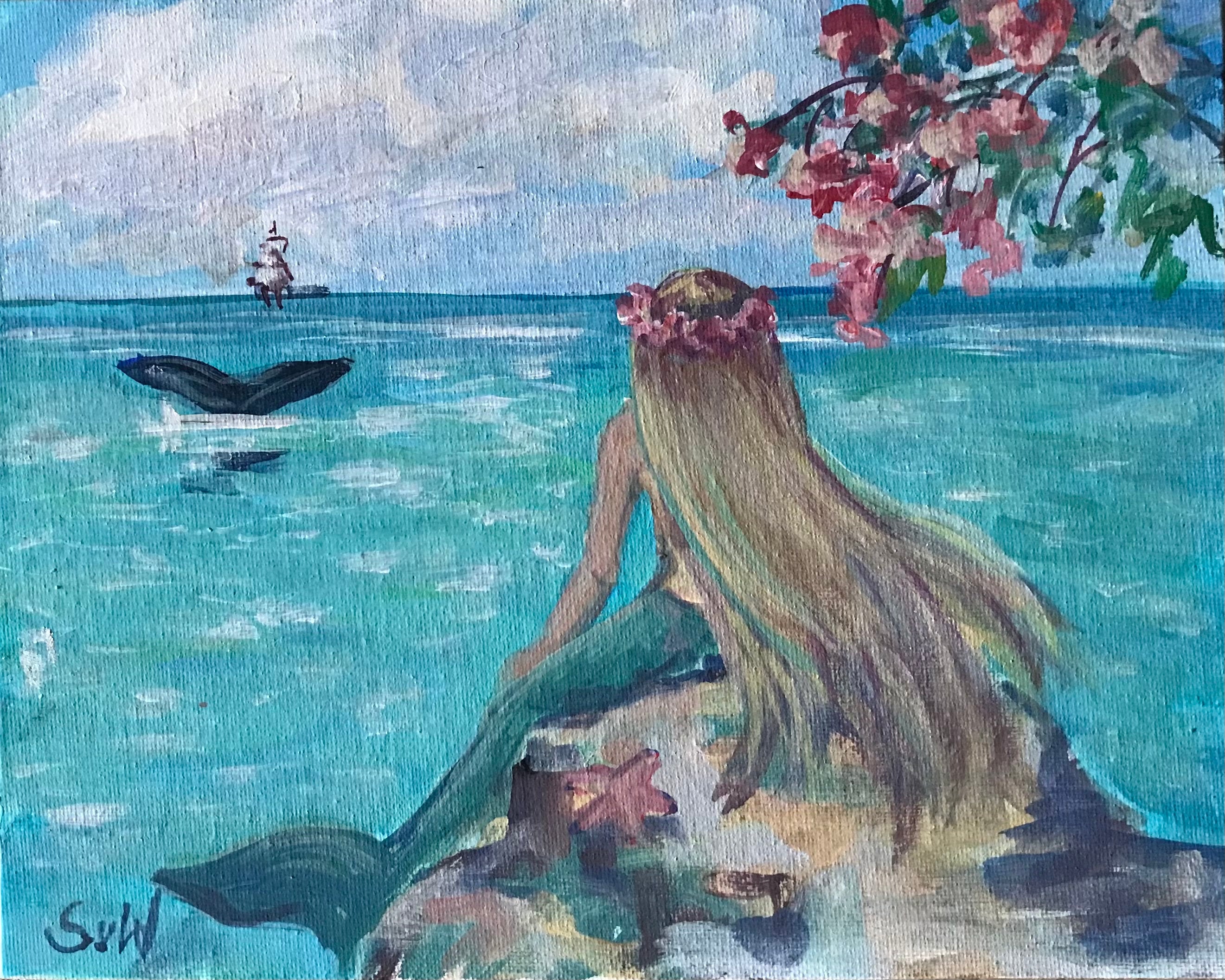 Mermaid Painting Mermaid and Whale Original Painting 8 X 10" - Etsy