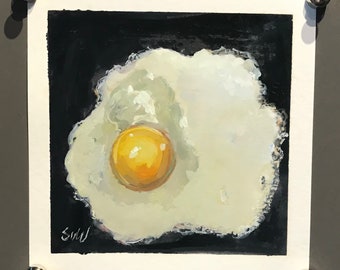 Fried egg painting ,egg original painting,Food Painting ,Kitchen original art 6 x 6’’