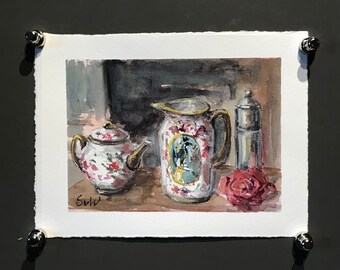 Vintage jug and teapot ,china interior painting kitchen art original watercolour art 5 x7&quot;