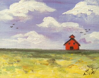 Red Barn Scenery Landscape original painting 5 x 7"