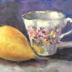 Teacup painting,teacup and pear original oil painting , 5 x 7&quot;