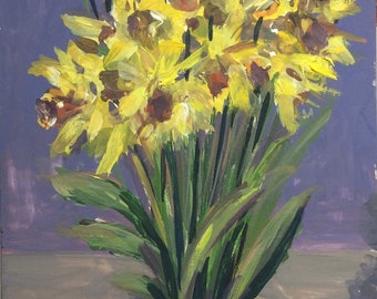 Pintura de narcisos, l flor bodegón original pintura floral 7 x 5"