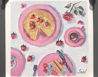 Strawberry cake and coffee painting,Food painting,Kitchen art ,Pastry painting,original Gouache painting,6 x 6’’