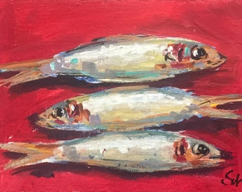 Sardines original painting,Fish Painting ,Kitchen original art 5 x 7’’