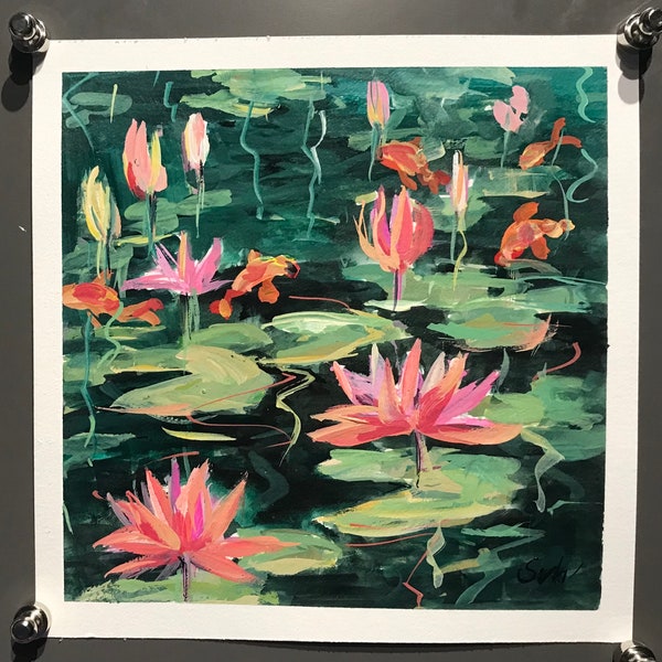 Peinture de nénuphar Waterlilies Pond Original Gouache peinture 8 x 8''