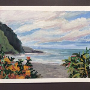 May include: A painting of a beach scene with a green hillside, blue water, and a cloudy sky. The beach is covered in yellow flowers and green plants. The painting is signed "E.W."
