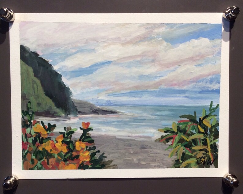 May include: A painting of a beach scene with a green hillside, blue water, and a cloudy sky. The beach is covered in yellow flowers and green plants. The painting is signed "E.W."