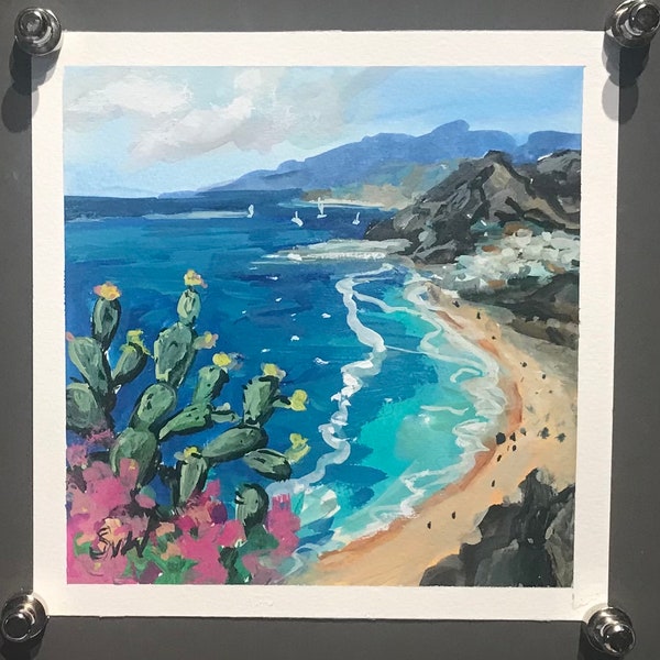 Tenerife beach painting ,Canary islands Painting ,Spain    Original Gouache  painting 6 x 6”