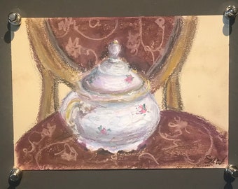 Sugar bowl and chair painting still life Painting Kitchen original art 6 x 8’’