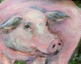 Pig  Painting farm animals painting kitchen art original art 5 x 7"
