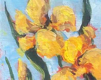 Yellow Iris painting flowers still life original floral painting 7 x 5"