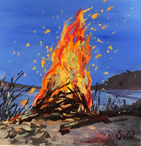 キャンプファイヤーの絵画、焚き火の絵画、abBeach のキャンプ