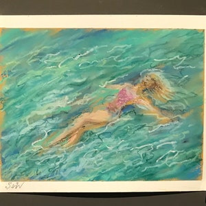 Swimming woman Painting ,,original oil pastels  painting 6 x 8’’