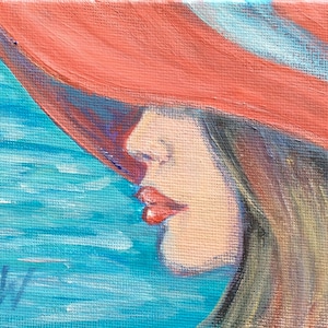 Femme au chapeau rouge peinture art original 4 x 6"