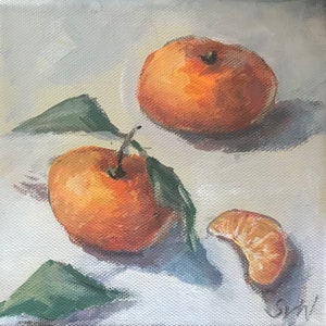 Tangerines oil painting ,Food painting,original art 6 x 6”