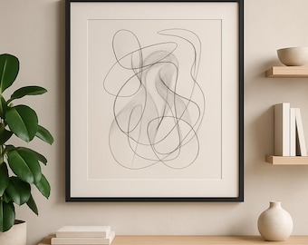 Arte lineal minimalista imprimible: arte mural abstracto, boceto en blanco y negro, decoración moderna para el hogar, descarga digital