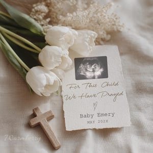Christelijke zwangerschapsaankondiging bewerkbare Canva Baby Reveal-sjabloon digitale download voor dit kind We hebben gebeden religieuze echografiekaart