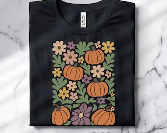 Retro Kürbis Blumen Herbst Shirt Niedliches Herbst T-Shirt Womens Halloween Shirt Kürbis Shirt Bella Canvas Shirt