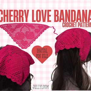 May include: A digital crochet pattern for a cherry-themed bandana and head covering. The pattern includes a pink crocheted bandana with heart-shaped cutouts and a matching head covering. The text "CHERRY LOVE BANDANA CROCHET PATTERN" is displayed in red.