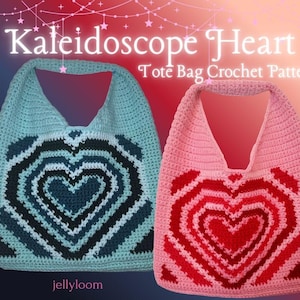 May include: Two crochet tote bags, one in light blue with a heart design in shades of blue and black, and another in pink with a red heart design. The text "Kaleidoscope Heart Tote Bag Crochet Pattern" is at the top.