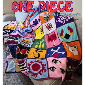 May include: A multi-colored crochet blanket featuring various square motifs with graphic designs, including skulls, eyes, and symbols. The text "ONE PIECE crochet blanket pattern" is displayed at the top, and "jellyloom" is at the bottom.