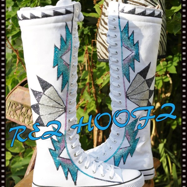 size 9 Hand Painted Tall Sneakers / Boots  By  Rez Hoofz    ready to ship  Please Read full discription below