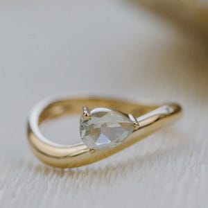 Aquamarine Pear Ring Gold, Bypass Solitaire Band, March Birthstone Gift, 925 Silver Gemstone Ring for Her