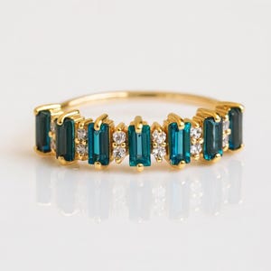London Blue Topaz Ring 14k Gold Diamond Accent Gold Band Baguette Gemstone Stacking Ring Solid Gold Birthstone Ring for Women Gift For Her