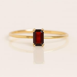 Garnet Ring in 14k Gold • Emerald Cut Red Garnet Ring • January Birthstone Ring • Minimalist Solid Gold Stacking Ring for Her