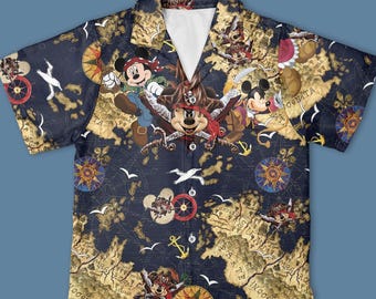 Camicia con bottoni di Topolino e Minnie dei Pirati dei Caraibi, camicia vintage con bottoni di Topolino, completo per le vacanze Disney con Topolino e i suoi amici