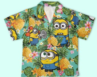 Camicia hawaiana tropicale con ananas Minion, camicia con bottoni Aloha Summer Fruit, abbigliamento da vacanza di Cattivissimo me, abiti da Universal Studios Minion Land