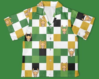 Camicia a scacchiera con bottoni Marvel Loki, camicia a bottoni Marvel God of Mischief, maglietta Loki, abiti da viaggio Marvel Disney