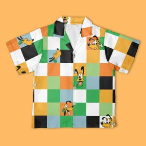 Shirt Disney Pluto-dambord button-up, Mickey & Friends button-down shirt, Disney-shirt, vakantie-outfit Halloween Disney