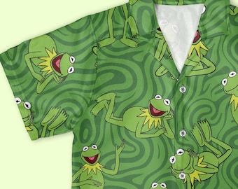 Funny Kermit the Frog Hawaiian Shirt, Kermit Meme All-Over Print Button Down, Green Frog Summer Beach Outfit, Gift for Kids & Adults